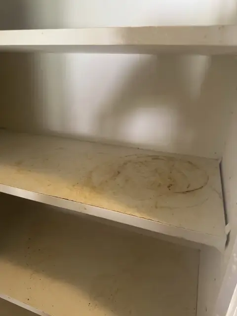 Inside a kitchen cabinet before cleaning: a dried ring stain on the shelf liner
